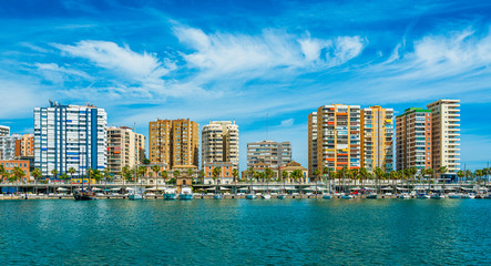Obraz premium Panoramic beautiful sight in Malaga with skyscrapers and sea. Costa del Sol, Spain.
