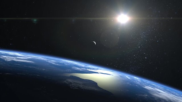 View of Earth and moon from space. Stars twinkle. Flight over the Earth. The horizon is turned to the right. 4K. The earth slowly rotates. Realistic atmosphere. The sun is in the frame.