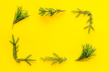 New Year decorative frame with fir branches on white background top view copy space