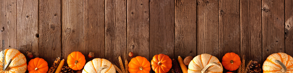 Poster autumn bottom border banner of pumpkins and fall decor on a rustic wood background with copy space