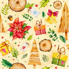 Collection of Christmas element. Happy New Year. Watercolor Merry Christmas. Christmas decoration. Watercolor handpainted botanical illustration. Rustik. Handmade christmas. Wooden decoration. Pattern
