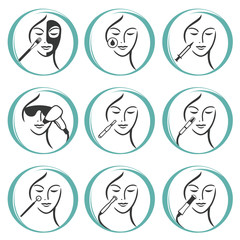 Set of outline Skin Care, Cosmetology of Face, Skin Treatment, Cosmetic Procedures icons. Vector illustration. Can be used as service icons, logos for skin clinic, spa salon and health concept.