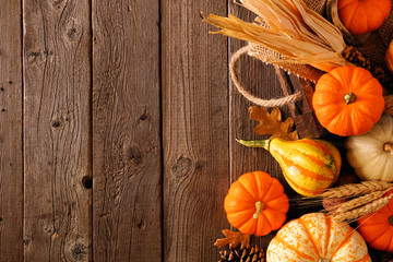 Fall side border of pumpkins, gourds and fall decor with harvest basket on a rustic wood background...