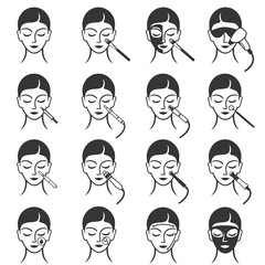 Set of outline Skin Care, Cosmetology of Face, Skin Treatment, Cosmetic Procedures icons. Vector illustration. Can be used as service icons, logos for skin clinic, spa salon and health concept.