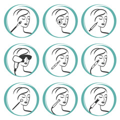 Set of outline Skin Care, Cosmetology of Face, Skin Treatment, Cosmetic Procedures icons. Vector illustration. Can be used as service icons, logos for skin clinic, spa salon and health concept.