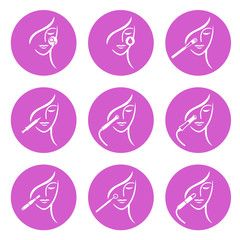 Set of outline Skin Care, Cosmetology of Face, Skin Treatment, Cosmetic Procedures icons. Vector illustration. Can be used as service icons, logos for skin clinic, spa salon and health concept.