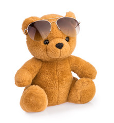 toy teddy bear wearing sunglasses isolated