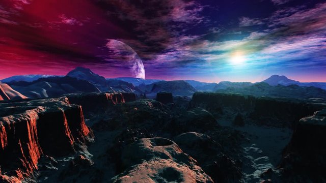 Beautiful alien landscape at sunset. Satellite over an alien surface. . 3d rendering.