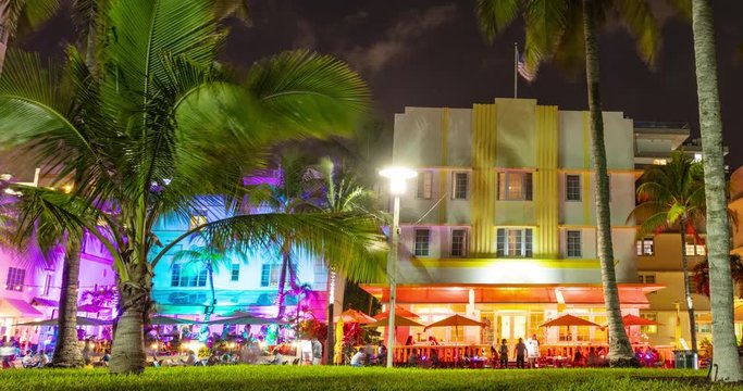Miami Beach, Florida, USA on Ocean Drive at sunset with famous colorful art deco buildings. timelapse video in 4K.