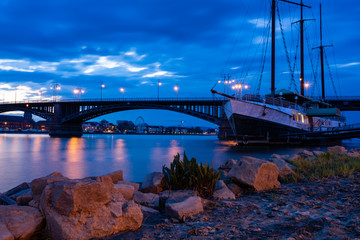 Blue hour at Rhine / Rhein river in Mainz near Frankfurt am Main, Germany.