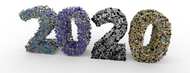 Typography text 2020 font and rats in geometric style on white background, Isolated. 3d render