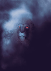 3d lion in dark fog