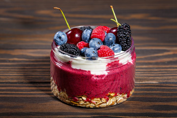 Breakfast with oatmeal and fruit