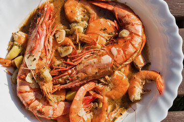 Fried big tiger red prawns or shrimps closeup.