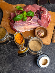 Marinade powder, spices on fresh juicy meat on Gray Background