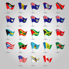 vector set of waving flags anglo american on silver pole - icon of states united states of america, canada and other