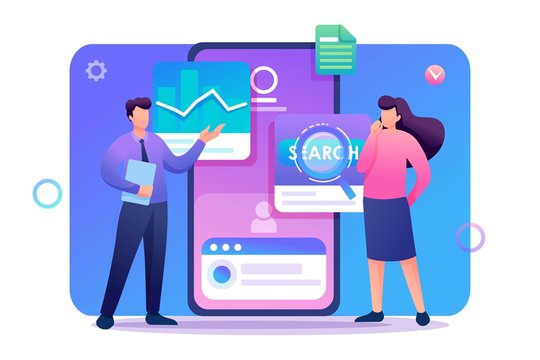 Young people stand near the mobile phone screen, testing the program and mobile application. Flat 2D character. Concept for web design