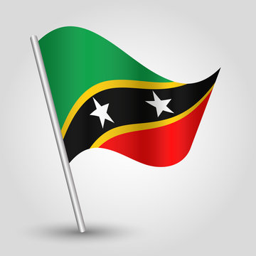 vector waving simple triangle kittian and nevisian flag on slanted silver pole - symbol of saint kitts and nevis with metal stick - anglo america