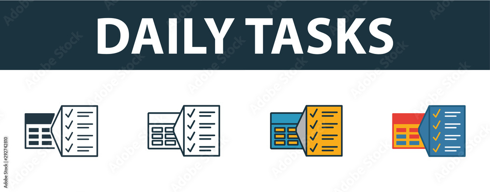 Poster daily tasks icon set. premium symbol in different styles from productivity icons collection. creativ