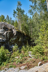 Land landscape mountain park.The picturesque landscape of the mountain natural park Ruskeala. You can see the rocks and their fragments, coniferous forest, mountains, wildlife. Russia, Karelia.