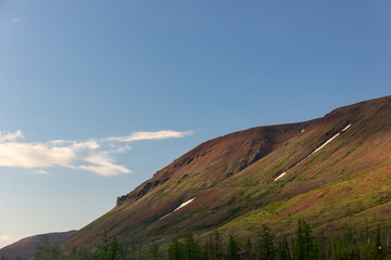 Tundra and mountains of Putorana plateau. The landscape of the tundra, the Putorana plateau, Siberia, Russia.