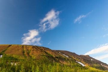 Tundra and mountains of Putorana plateau. The landscape of the tundra, the Putorana plateau, Siberia, Russia.