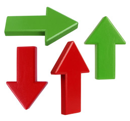 Arrows direction signs red and green isolated on white background
