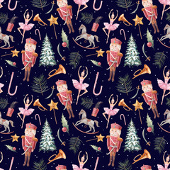 Watercolor Nutcracker and fairy seamless pattern. Christmas wallpaper in vintage style. Doll, snow, wooden toys, fir, soldier on dark background