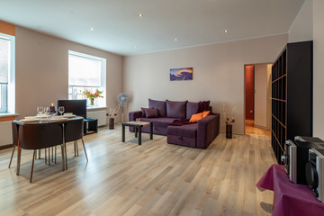 Modern interior of spacious light studio apartment with furniture.