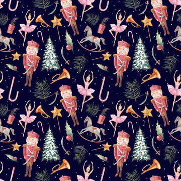 Watercolor Nutcracker and fairy seamless pattern. Christmas wallpaper in vintage style. Doll, snow, wooden toys, fir, soldier on dark background