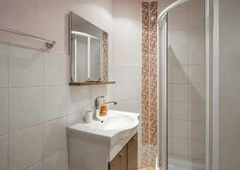 Modern simple interior of bathroom. Shower cabin. White sink.