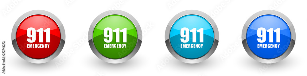 Poster number emergency 911 silver metallic glossy icons, red, set of modern design buttons for web, intern
