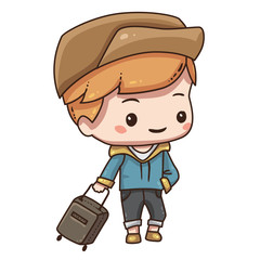 Vector illustration of cute chibi character isolated on white background. Cartoon tourist with travel bag.