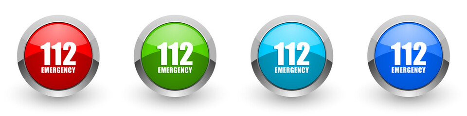 Number emergency 112 silver metallic glossy icons, red, set of modern design buttons for web, internet and mobile applications in four colors options isolated on white background