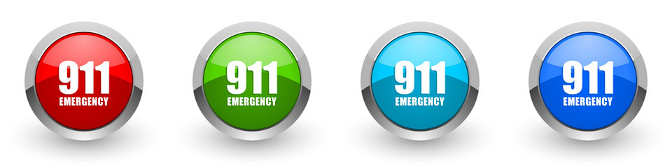 Number emergency 911 silver metallic glossy icons, red, set of modern design buttons for web, internet and mobile applications in four colors options isolated on white background