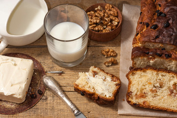 Barmbrack or bairin breac is a traditional Irish sweet yeast bread with grapes and raisins, often eaten with afternoon tea butter and traditionally served on Halloween.