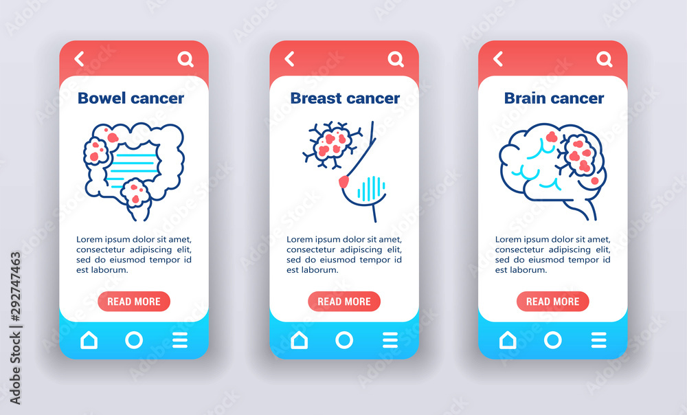 Poster malignant neoplasm, metastases on mobile app onboarding screens. ui ux gui template.