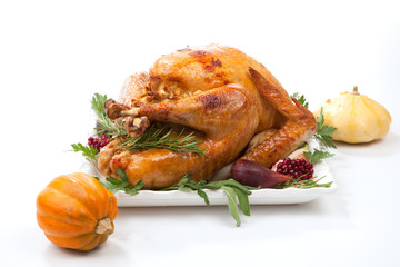 Traditional Roasted Turkey on White With Pumpkin