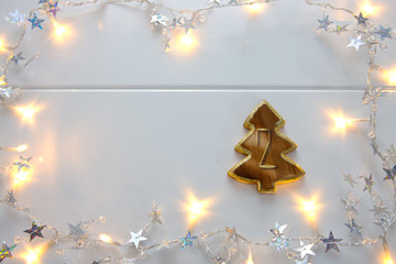 Second Advent.Christmas background with wooden fir tree.