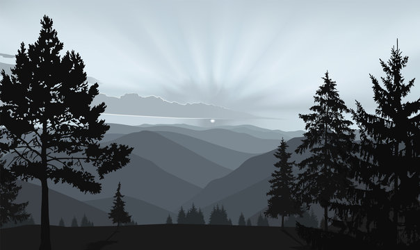 Nature background of mountains panorama. Evening in wild valley.