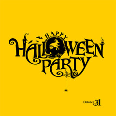 Happy Halloween Party vector logo with pretty Witch flies on a broomstick. Halloween lettering composition for banner, poster, greeting card, party invitation.