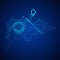 Geo map pin with folding map. Place symbol GPS pictogram. Wireframe low poly mesh vector illustration