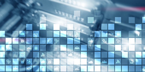 Digital abstract background pixelated icons blurred modern server room. Technology telecommunication Iot internet of thing concept