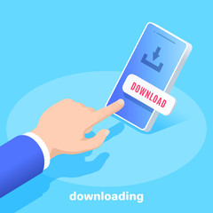 isometric vector image on a blue background, a man in a business suit presses a button on the smartphone screen, downloading applications