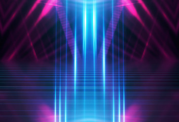 Empty background scene. Dark street reflection on wet asphalt. Rays of neon light in the dark, neon shapes, smoke. Background of an empty stage show. Abstract dark background.