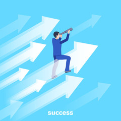 Obraz premium isometric vector image on a blue background, a man in a business suit sits on a flying arrow and looks through a telescope, the path to success