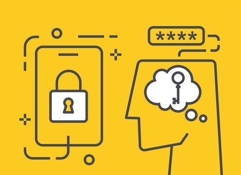 flat vector image on a yellow background, a man&rsquo;s head and a smartphone with a lock, remember the paral or security key, protection application