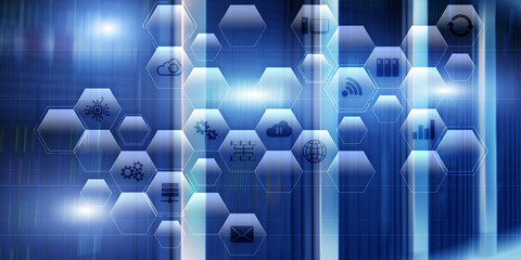 Information communication technology concept. Abstract background with icons and blurred server room