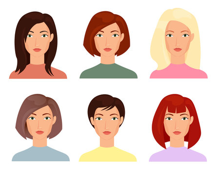 Female faces flat vector illustrations set. Blonde, brunet women with short and long trendy haircuts cartoon characters pack. People portraits, cliparts collection on white background isolated drawing