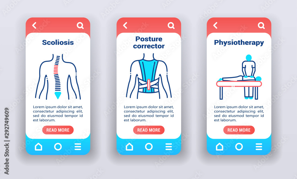 Poster treating back problems on mobile app onboarding screens. ui ux gui template